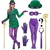 Yoloodayy 7 Pcs Halloween Question Mark Costume Accessories for Adults | Includes Green Hat Purple Eye Mask Purple Tie Gloves Footed Tights Gold Colored Vine Felt Question Mark Costume Women Set
