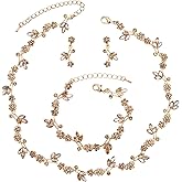 Brides Bridesmaid Flower Leaf Choker Necklace Dangle Earrings Link Bracelet Austrian Crystal Wedding Jewelry Set for Prom Costume Party Accessories for Woman