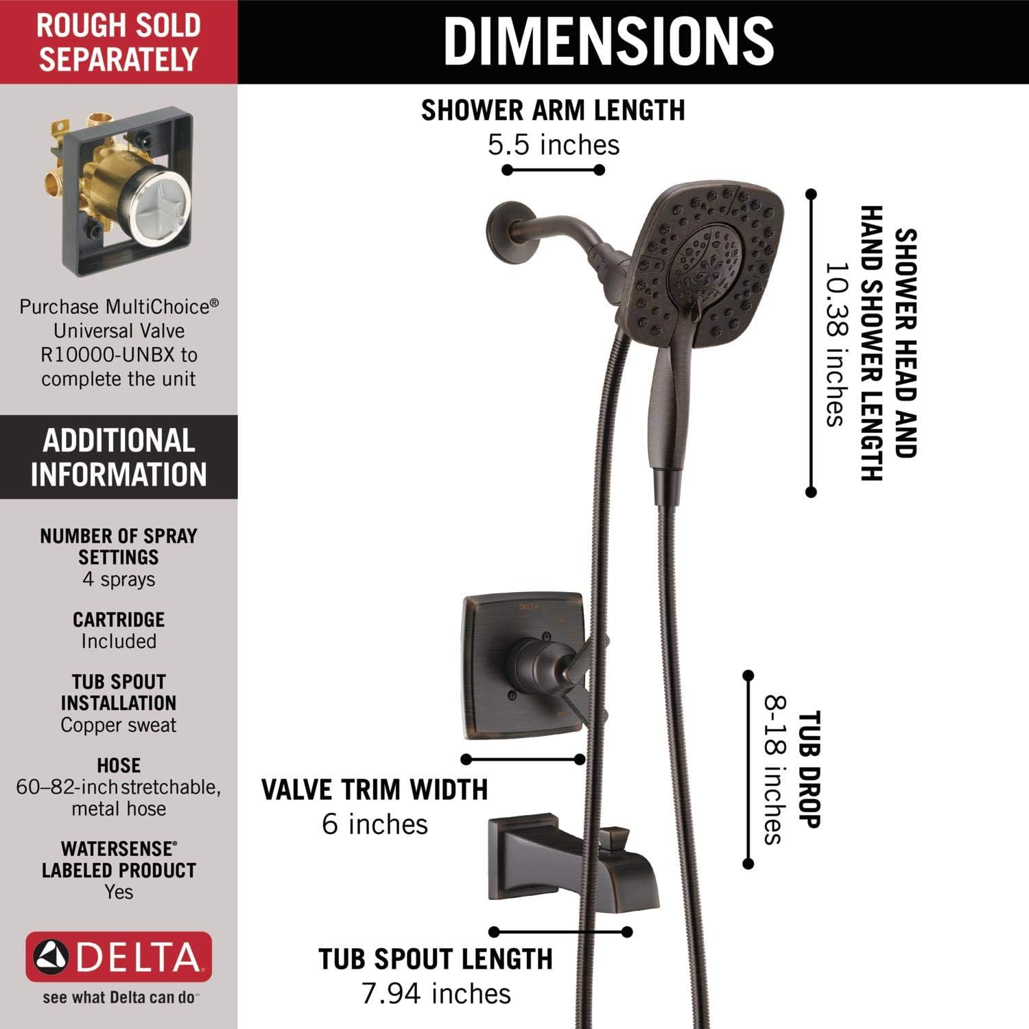 Delta Faucet Ashlyn 17 Series Dual-Function Tub and Shower Trim Kit with 2-Spray Touch-Clean In2ition 2-in-1 Hand Held Shower Head with Hose, Venetian Bronze T17464-RB-I (Valve Not Included) - - 