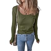 Kinlonsair Women Long Sleeve Scoop Neck Shirts Ribbed Knit Slim Fit Tops Basic 2025 Fall Outfits Casual T-Shirt