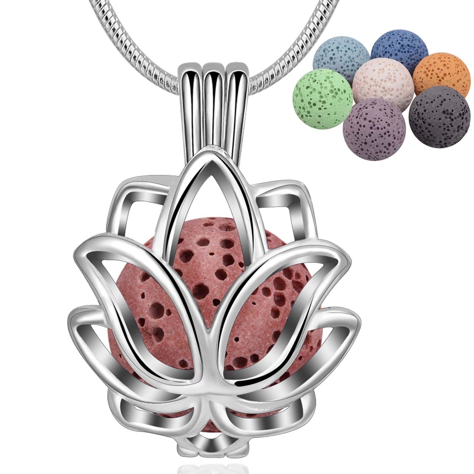 INFUSEU Aromatherapy Gifts for Women, Essential Oil Diffuser Necklace Lotus Perfume Anxiety Aroma Pendant with 6PC Lava Stones & Chain 24"，Gifts for Lady Her