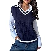 SweatyRocks Women's V Neck Sweater Vest Striped Cable Knit Sleeveless Pullovers Preppy Knitwear