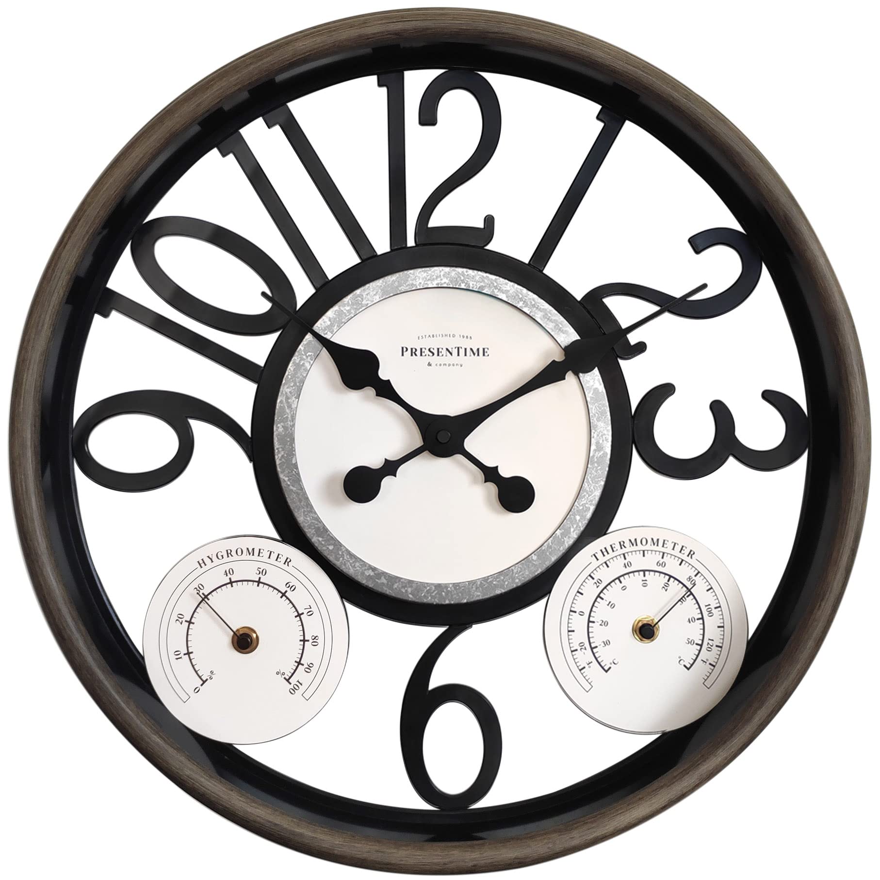 Photo 1 of Presentime 18'' Farmhouse Clock, Weather Station with Thermometer & Hygrometer, Grey Oak, Outdoor/Indoor Wall Art & Timepiece, Quartz Movement, Battery Powered, Round, 18 inches, Unisex