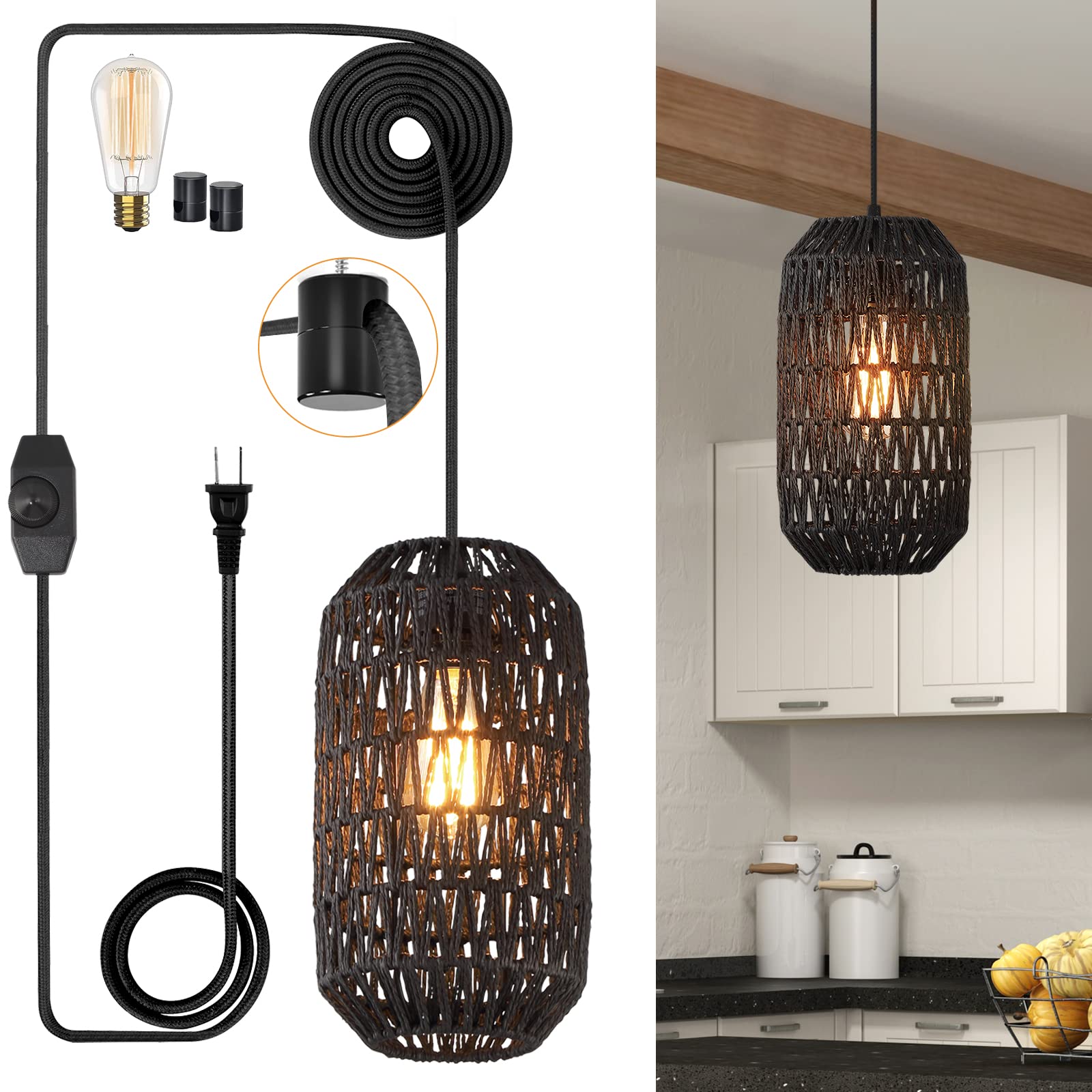 Photo 1 of Ruzectt Plug in Pendant Light Rattan Hanging Lights with Plug in Cord 15ft Dimmable Cotton Cord Wicker Boho Hanging Lamps for Kitchen Island Living Room Bedroom Black Light Fixtures (Black-B)