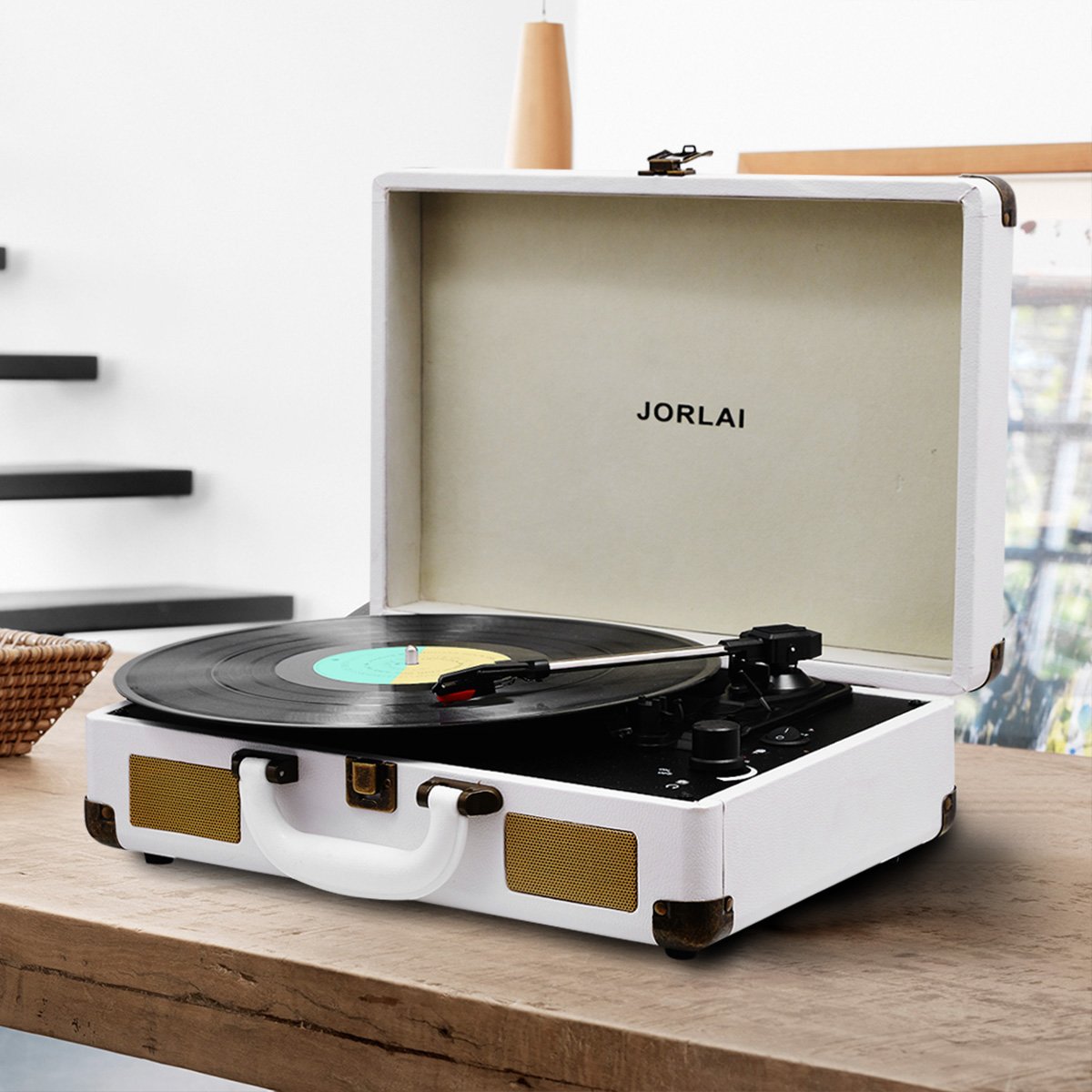 JORLAI Rechargeable Suitcase Turntable 3 Speed Bluetooth Portable Record Player with Built-in Stereo Speakers,Support Vinyl-to-MP3 Recording/Headphone Jack/Aux Input/RCA Output,White