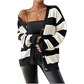 SHENHE Women's Striped V Neck Button Down Knit Cardigans Color Block Vintage Sweater with Pocket
