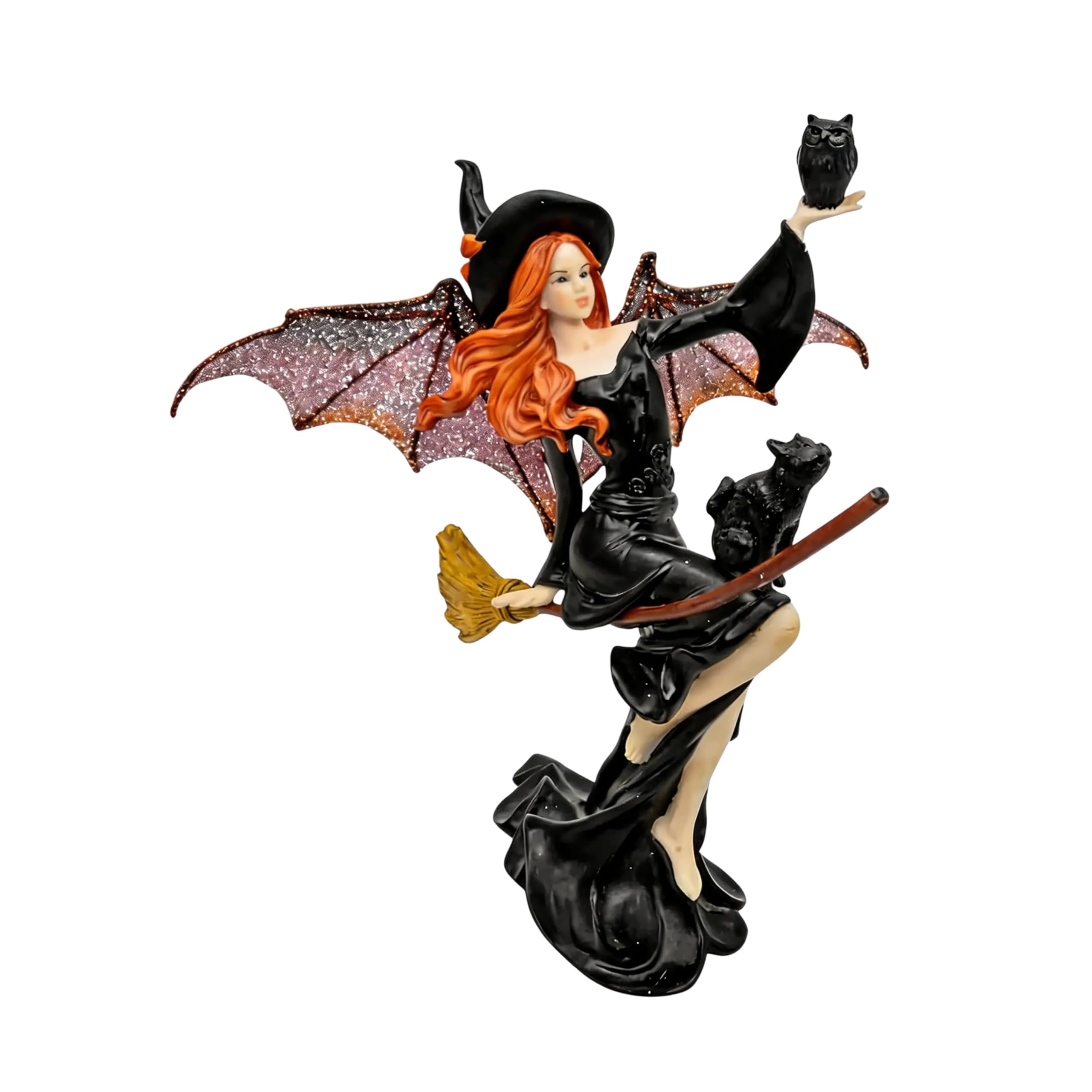 Comfy Hour Fairyland Collection 9” Dark Fairy Witch On Magic Broom with Black Cat Figurine, Halloween Theme Gift, Home Decoration and Collectibles, Polyresin