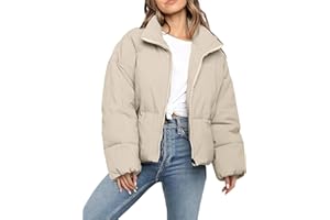 Polu Women's Winter Cropped Puffer Jacket Oversized Long Sleeve Full Zip Puffy Coat Warm Quilted Jacket with Pockets