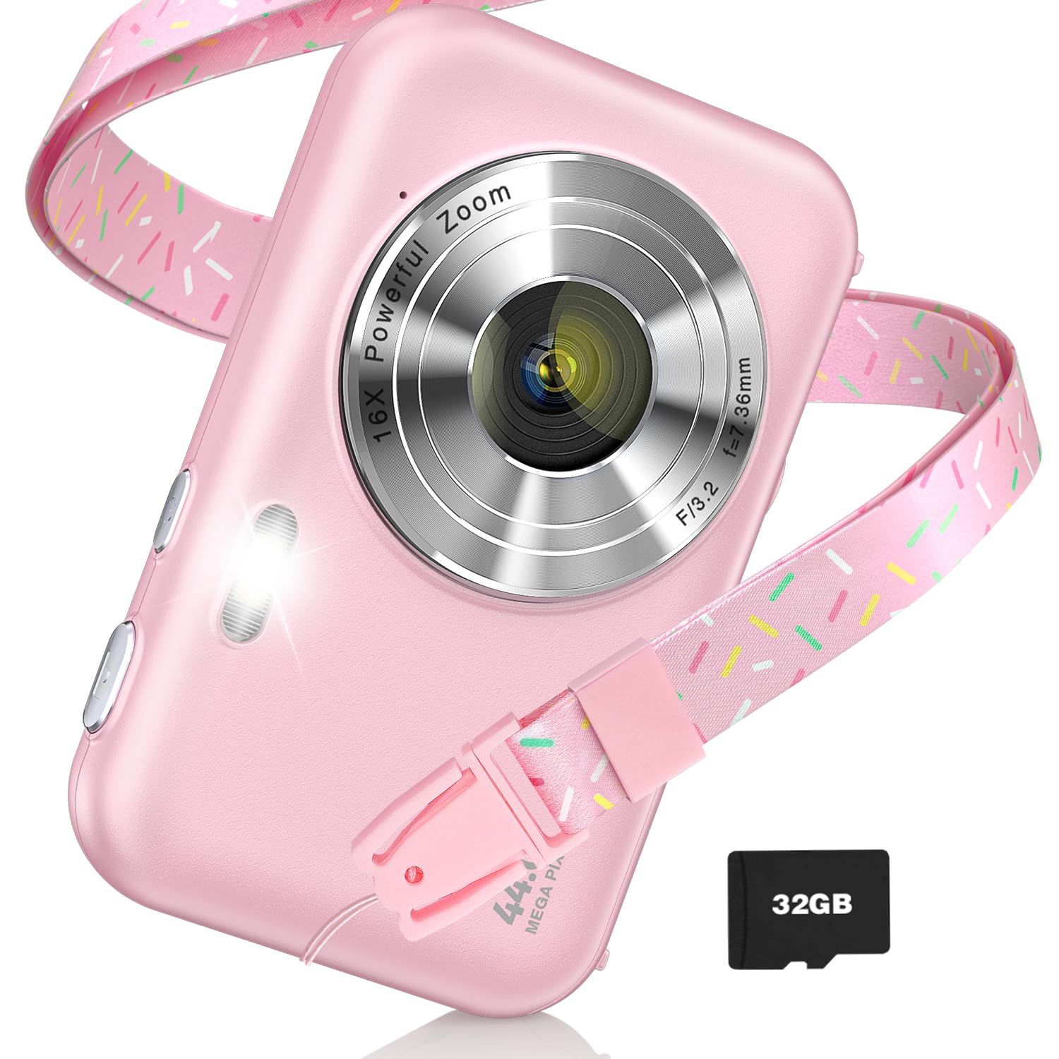 デジタルカメラ デジカメ 4400万画素 トイカメラ キッズカメラ 1080P 4400万画素 16倍ズーム 手振れ補正 セルフタイマー 連写 ミニカメラ 軽量 学生 修学旅行 撮影初心者向け 32Gカード付属 ピンク商品画像