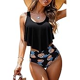 Women High Waisted Bikini Swimsuit Plus Size Flounce Top Vintage Tummy Control Bottom Two Piece Tankini Bathing Suits