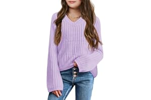 Imily Bela Girls Bell Sleeve V Neck Knit Sweaters Kids Fashion Crop Pullover Sweater Tops