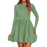 PRETTYGARDEN Fall Dresses for Women 2026 Casual Long Sleeve Bubble Cute Crew Neck A Line Mini Short Dress with Pockets