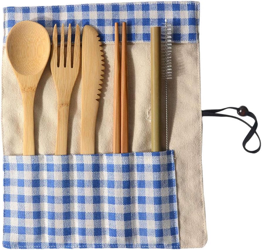 6 IN 1 Bamboo Cutlery Set,Altsommer Portable Bamboo Cutlery Travel Eco-friendly Fork Spoon Set Include Reusable Bamboo Slice,Knife,Spoon,Chopsticks,Straw,Cleaning Brush