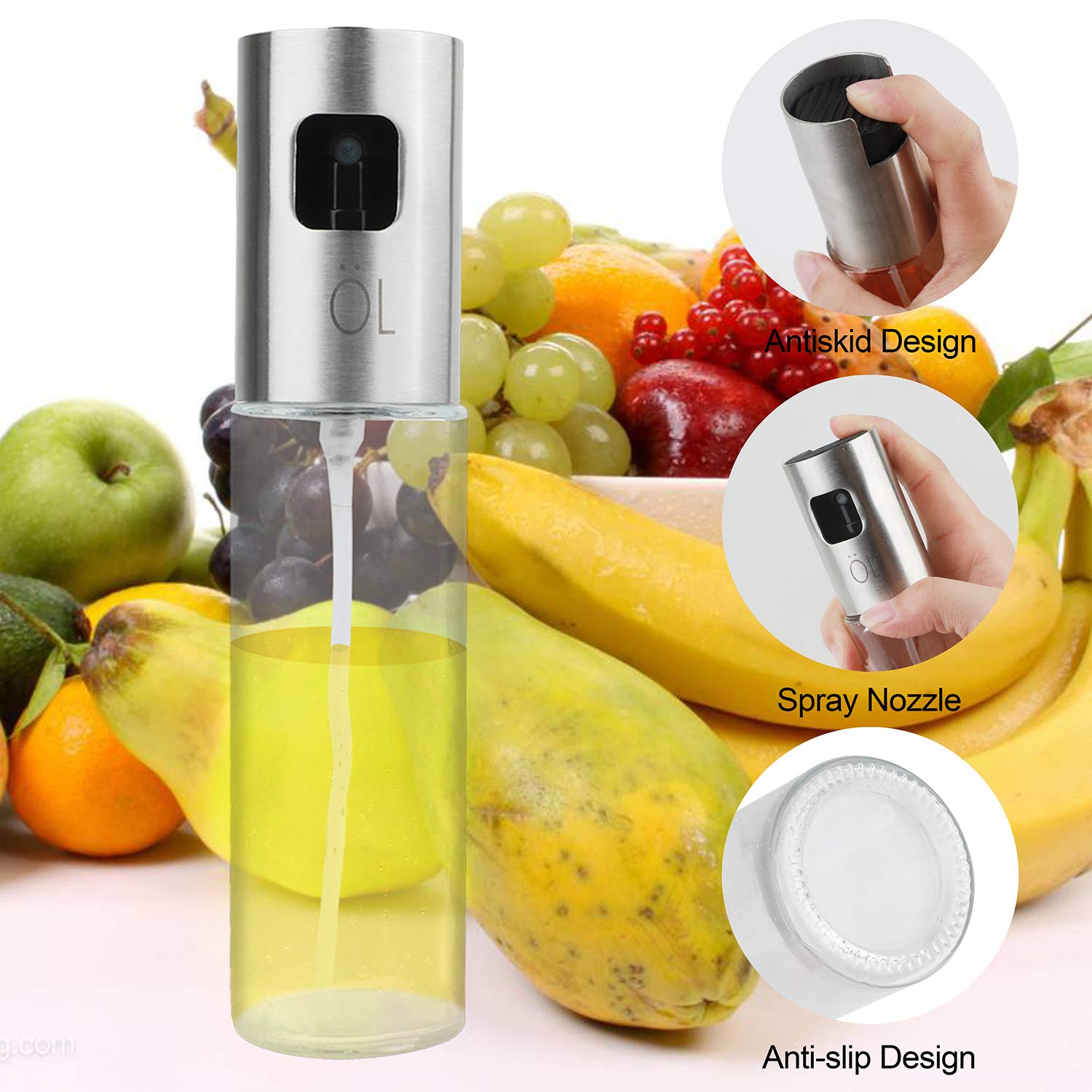 Oil Sprayer Dispenser Oil Spray Bottle Vinegar Sprayer/Dispenser with Plastic Funnel + Cleaning Brush Transparent Glass&Stainless Steel 100ml for BBQ,Frying,Baking,Salad