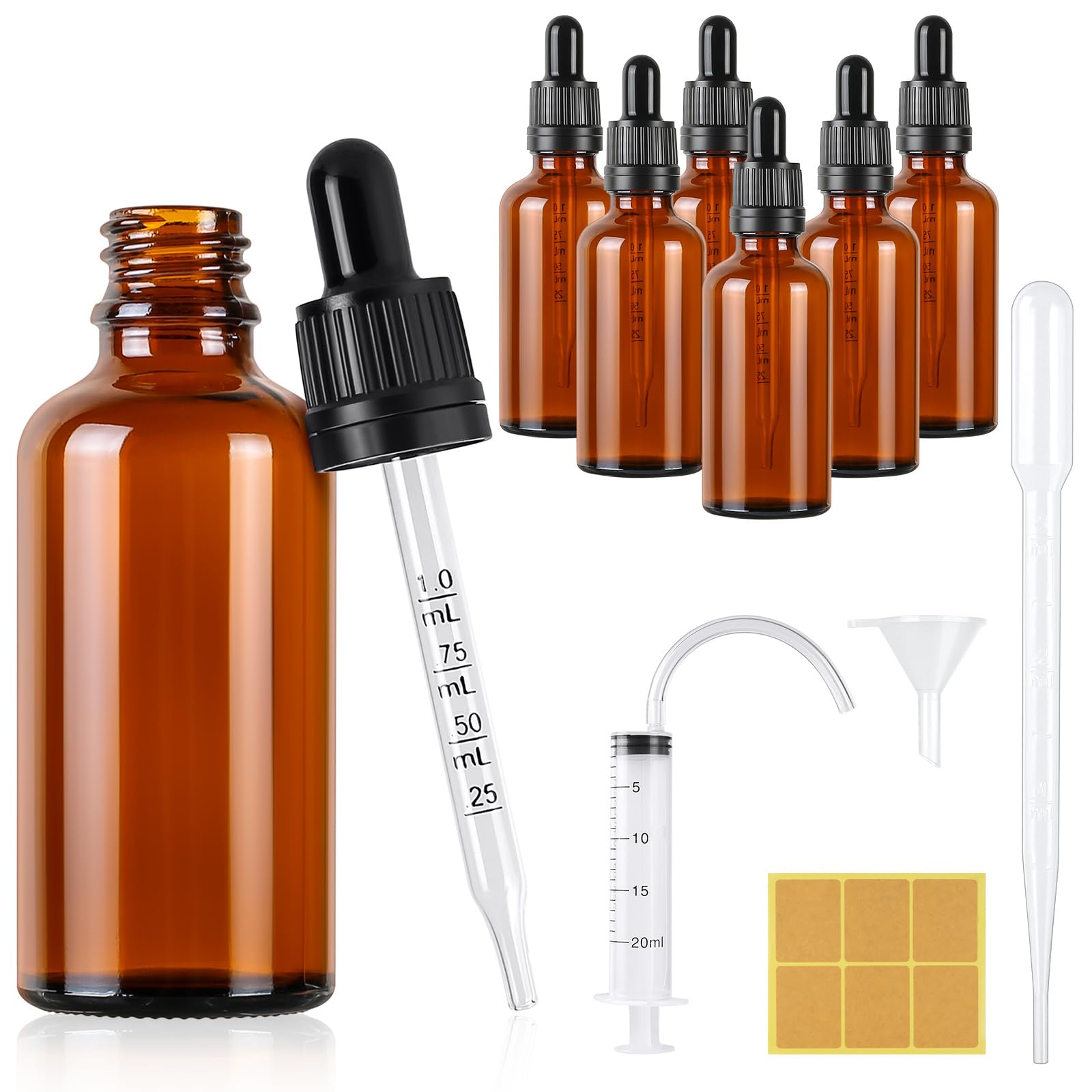 Furuising 6PCS Glass Dropper Bottle,50ML Pipette Dropper Bottle, Reusable Amber Glass Dropper Bottles with 3ml Dropper, 20ml Syringe, Funnel, Stickers for Essential Oils Aromatherapy (6PCS, 50ML)