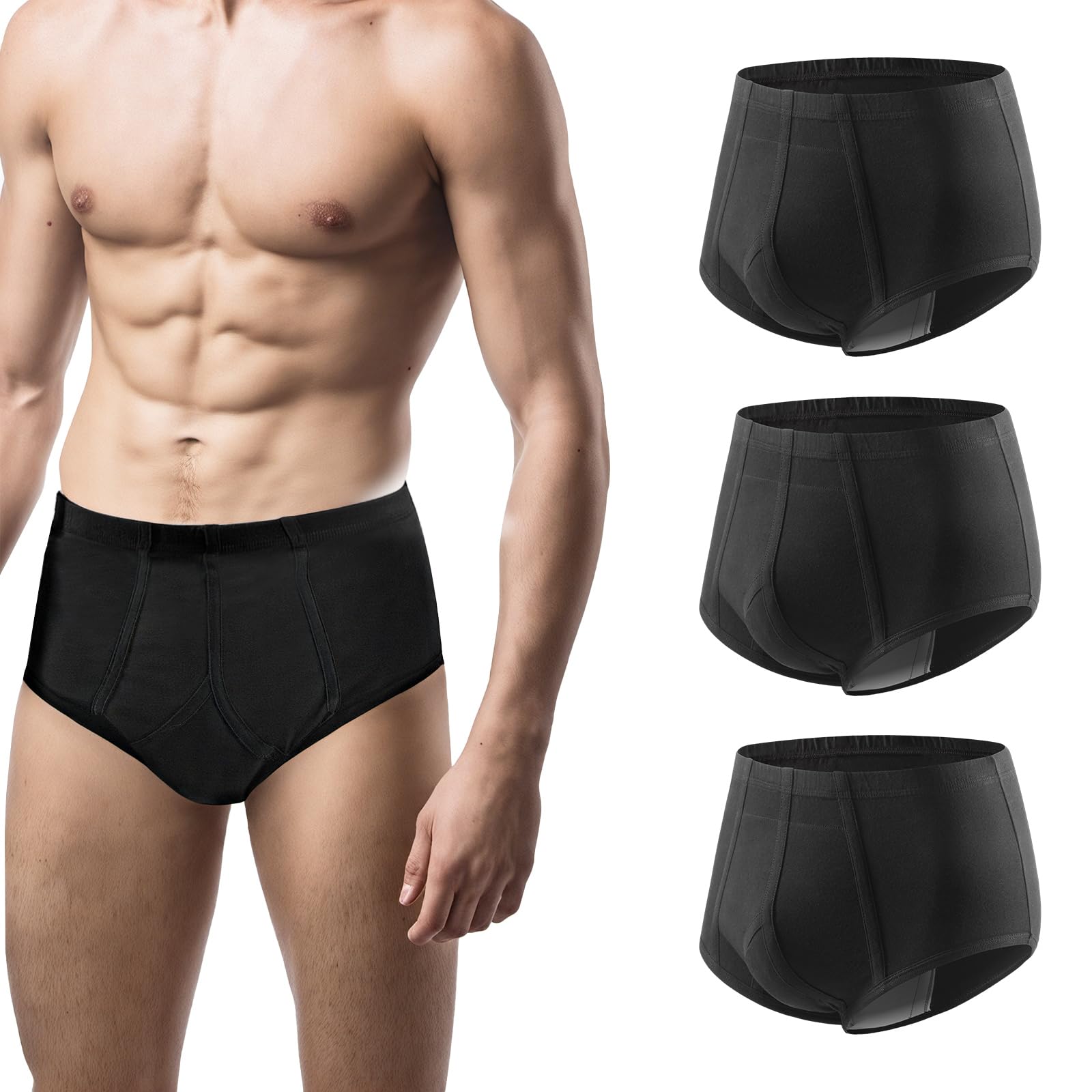 Carer 3-Pack Mens Incontinence Pants Reusable Washable Cotton Briefs with Absorbent Pad 200ML Urine Volume Leak Proof for Daily Use Travel & Post Surgery Black M Size