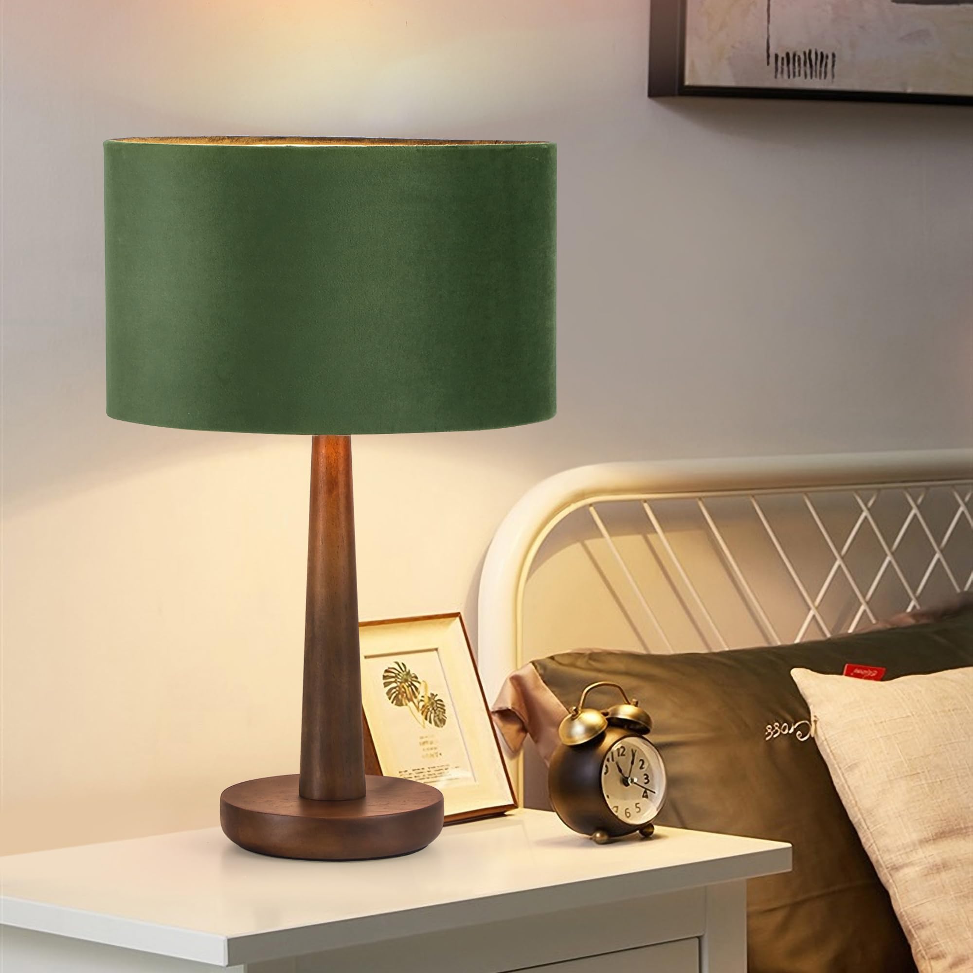 Photo 1 of 18.5" Table Lamp for Living Room, Dimmable Modern Walnut Wood Desk Lamps for Bedroom, UL Listed Nightstand Lamp, End Table Lamps for Console Entryway, Office, Dorm, Home Decor, Green Velvet Shade