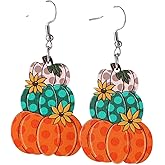 Pingyongchang Cute Handmade Leopard Pumpkin Wooden Dangle Drop Earrings Autumn Fall Colorful Flower Leaf Pumpkin Wood Earring for Women Thanksgiving Holiday Jewelry Gifts