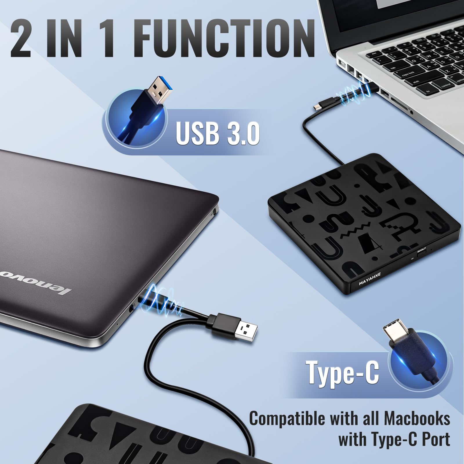 External CD DVD Drive, USB 3.0 Type C CD/DVD Burner Portable DVD+/-RW CD Player for Laptop PC Desktop iMac MacBook Pro/Air Windows XP/7/8/10/11 Mac OS Linux Vista7/8
