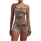 Verdusa Women's 2 Piece Y2K Going Out Set Leopard Cropped Camisole Tops with Shorts Rave Outfits