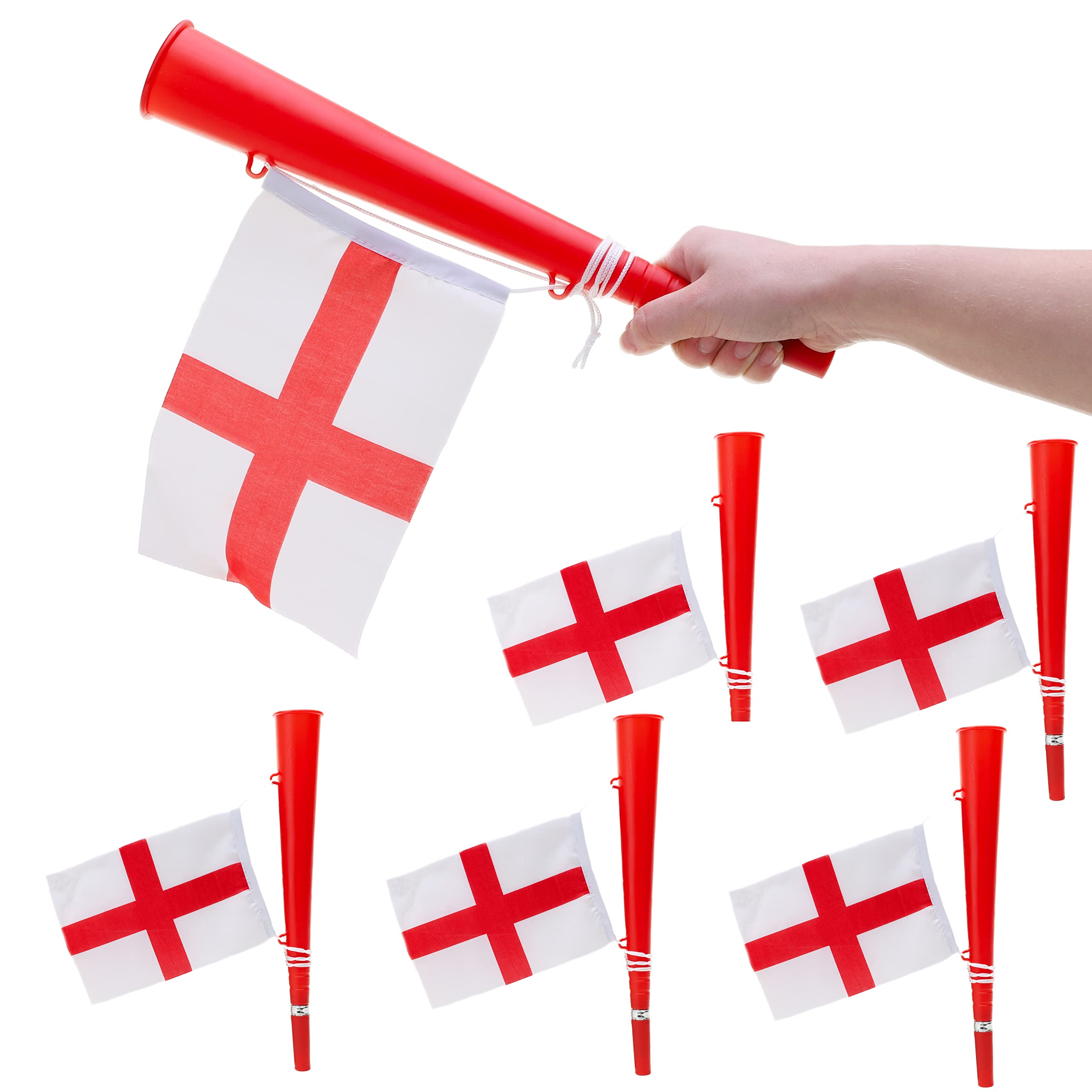 Toyland® 36cm (14") 6 x England Flag and Horn - St George's, Euros & World Cup - Football Match Noisemakers - English Party Decorations