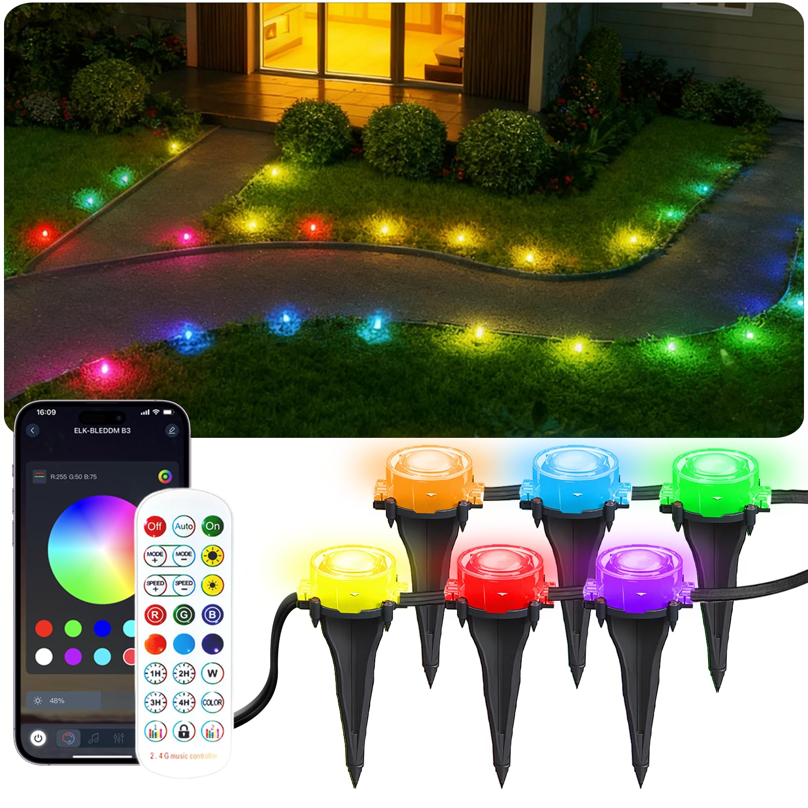 Photo 1 of 100Ft RGB Ground Lights Outdoor LED Pathway Lights, Multi Color Changing Christmas Decor Waterproof Walkway Lighting for Outside Garden Back Yard Lawn Driveway Patio Landscape Lighting, Smart Control
