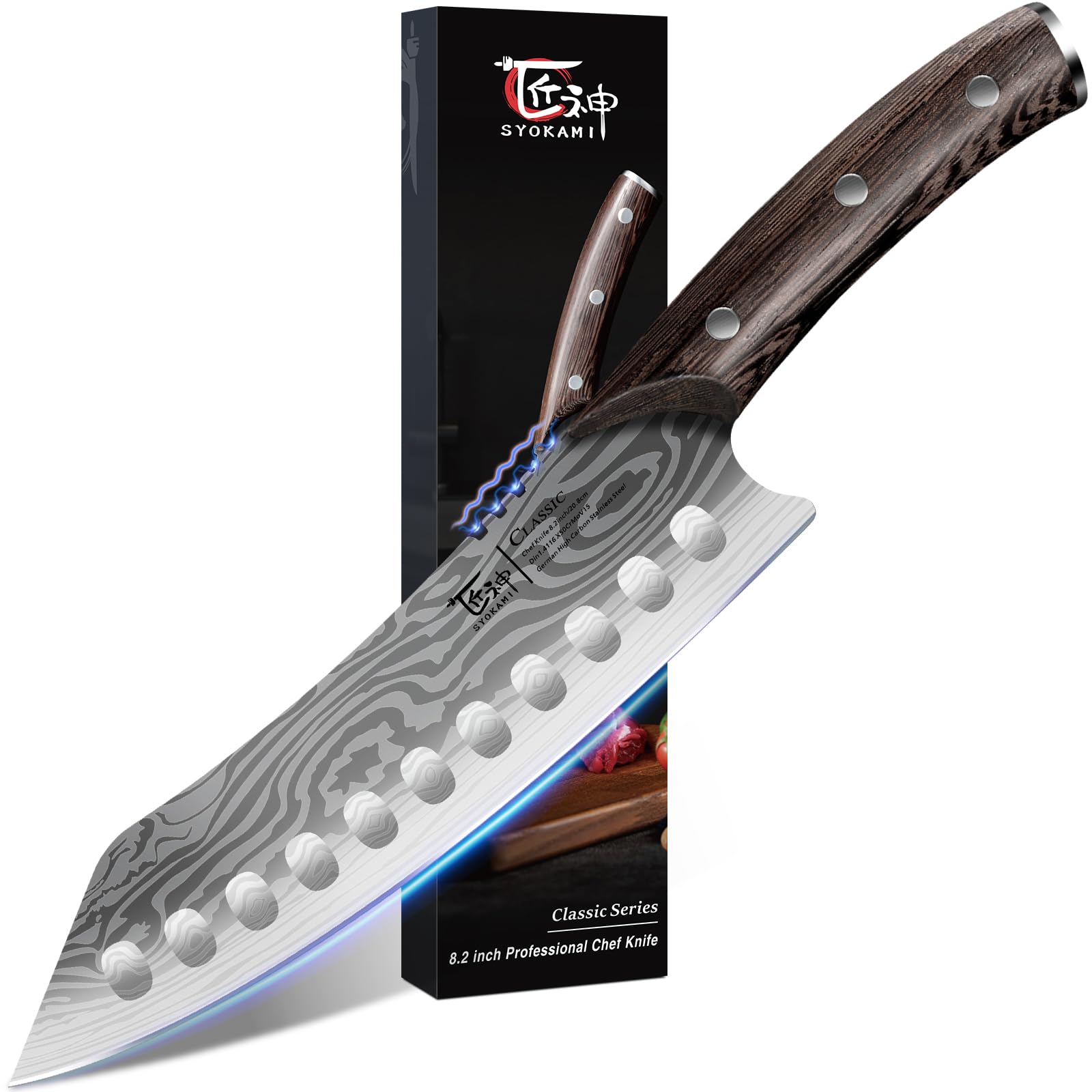 Photo 1 of SYOKAMI Kiritsuke knife, 8.2 Inch Chef Knife, Japanese Style High Carbon Steel, Razor Sharp for Precision Cutting, Damascus Pattern