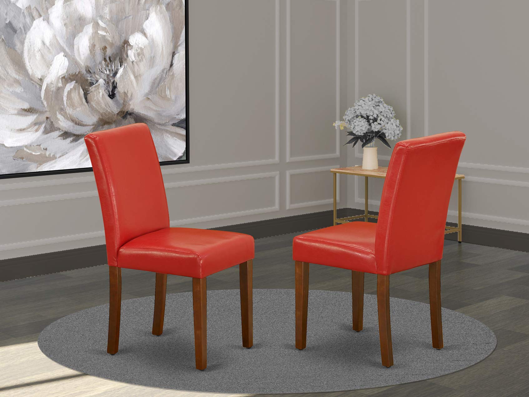East West Furniture parsons dining room chairs - Comfortable Firebrick Red PU Leather, Hardwood Mahogany Finish Legs Modern chairs for dining room- Set of 2