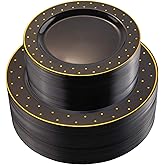 I00000 102 Pcs Black and Gold Plastic Plates, Black Disposable Party Plates Include 51 Dinner Plate 10.25’’ and 51 Dessert Plate 7.5’’ Perfect for Birthday, Wedding & Party