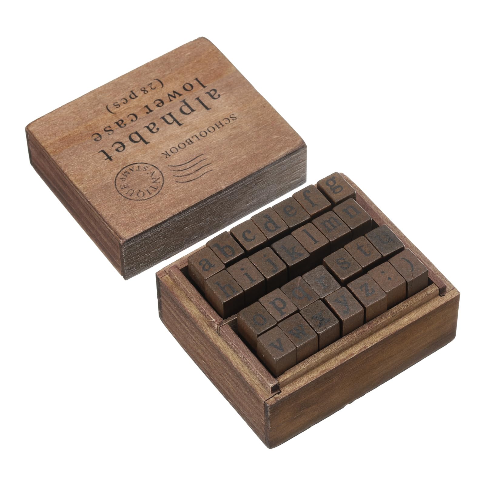 PATIKIL Letter Rubber Stamps, 28Pcs 1 Set Lowercase Wood Alphabet Stamps Wooden Letter Stamp with Vintage Box for DIY Craft Card Making
