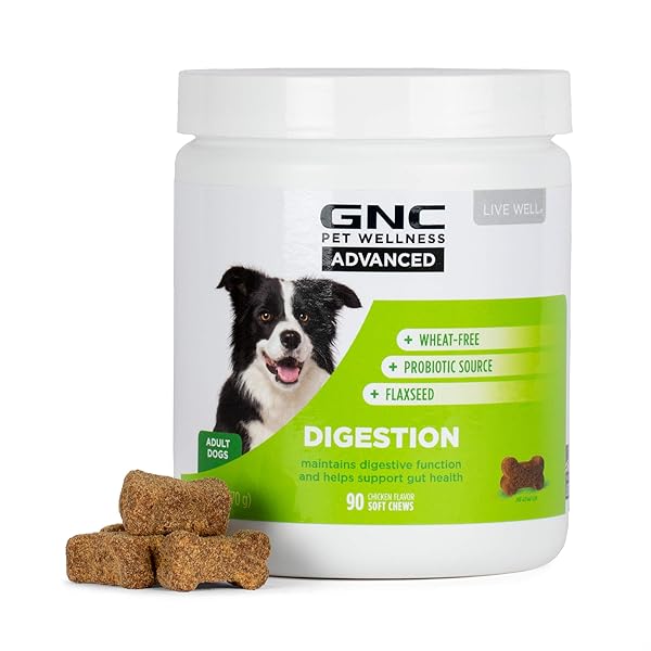 GNC PETS ADVANCED DIGESTION DOG SUPPLEMENTS, SOFT CHEW DIGESTIVE SUPPORT WITH FLAXSEED & PROBIOTICS FOR GUT HEALTH, CHICKEN FLAVOR VITAMINS & ENZYMES SUPPLEMENT FOR ALL DOGS, 90 COUNT