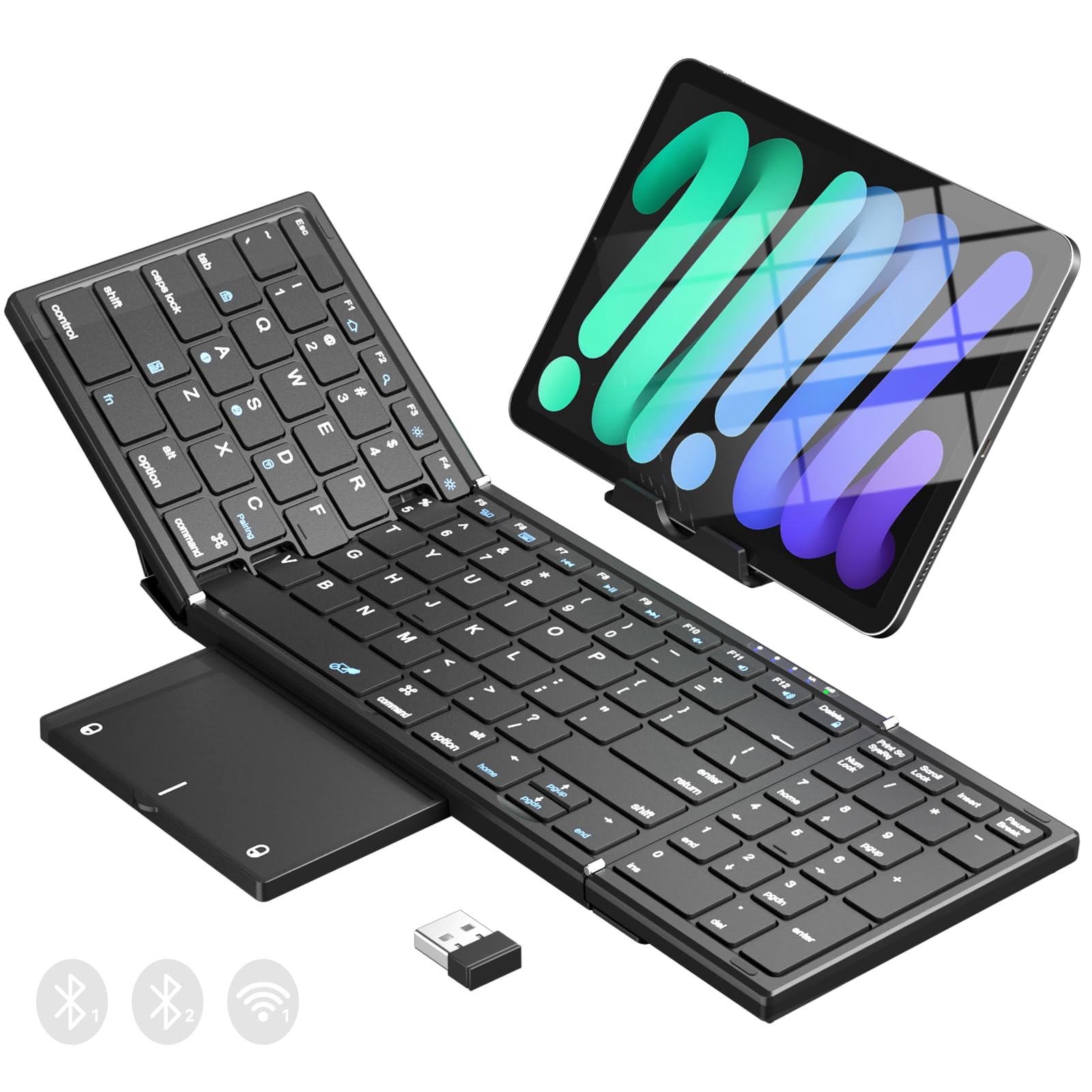 Photo 1 of Foldable Bluetooth Keyboard with Touchpad & Number Pad, 3 Devices (2.4G+BTx2) Fold Portable Keyboard, Full Size Key Large Trackpad Wireless Travel Rechargeable Keyboards for Android Windows iOS Tablet