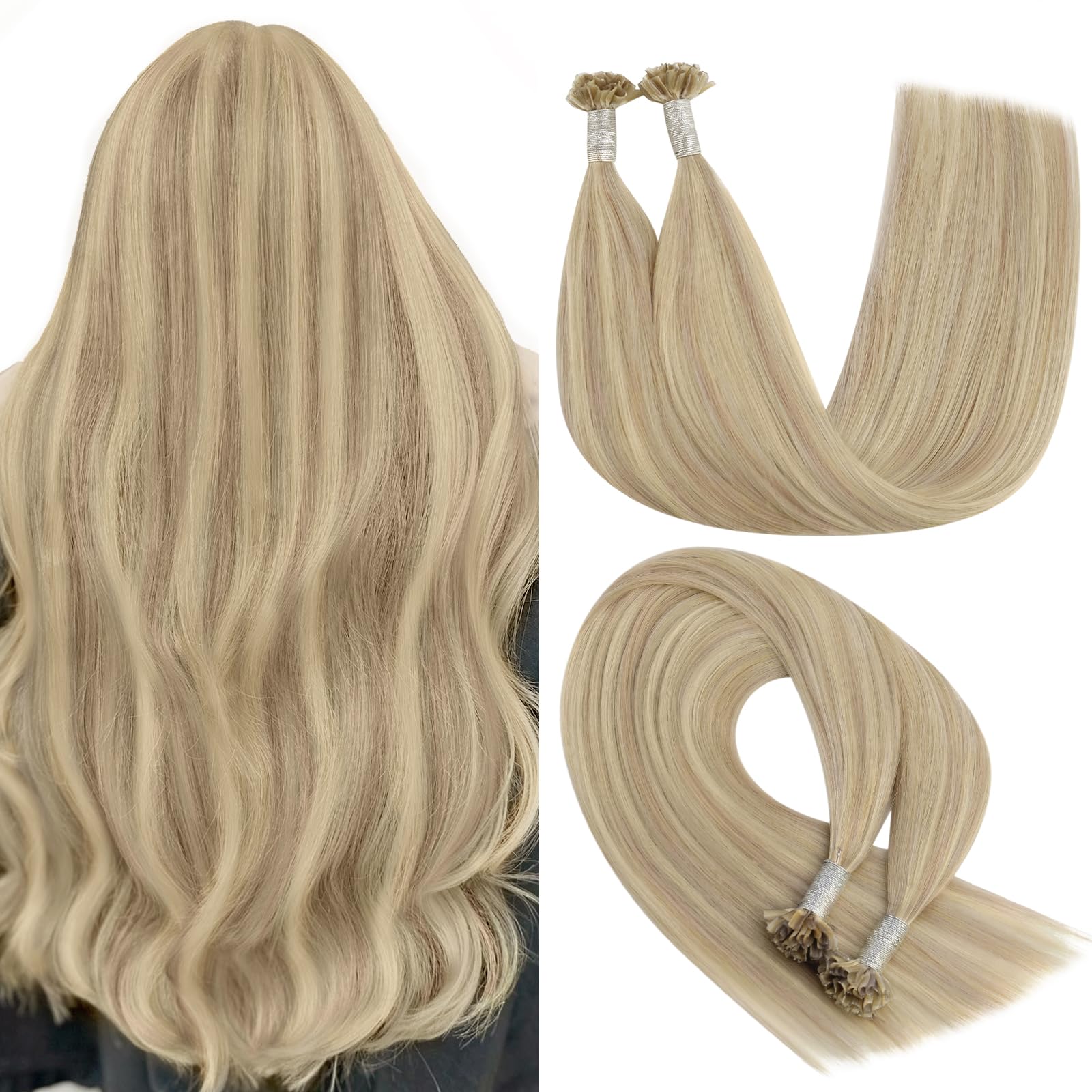 YoungSee Blonde U Tip Hair Extensions Real Human Hair Highlight Blonde Mixed Bleach Blonde Utip Hair Extensions Human Hair for Women 14In 1G/S 50G Easy to Apply — image 1