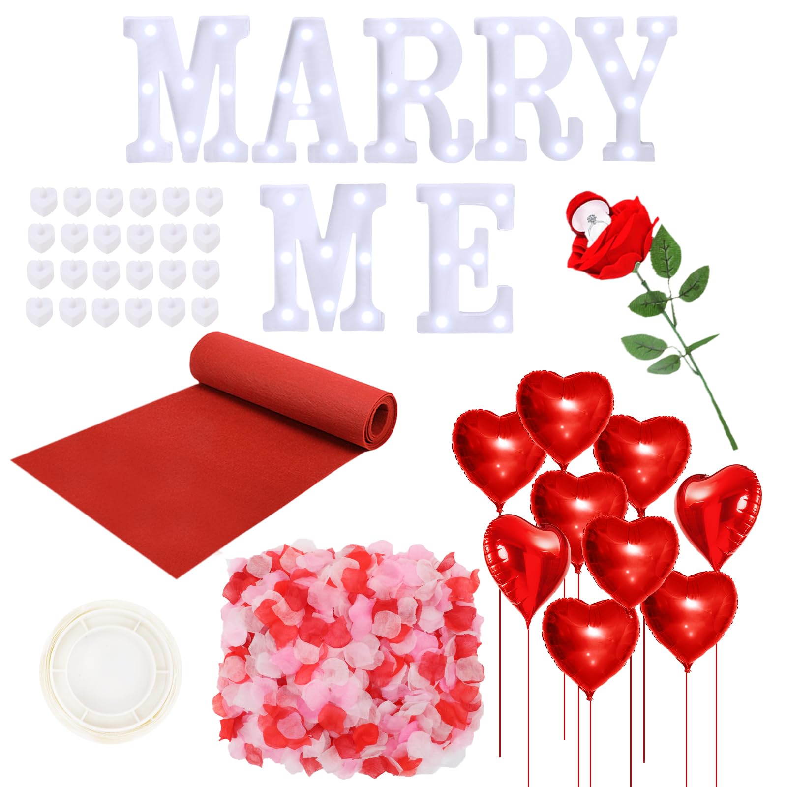 Photo 1 of Marry Me Light Up Letters Proposal Decorations Marry Me Sign 24 LED Candles 2000 Rose Petals 10 Foil Balloon 10ft Carpet Runner Rose Ring Box for Valentine's Day Wedding Proposal Engagement (White)
