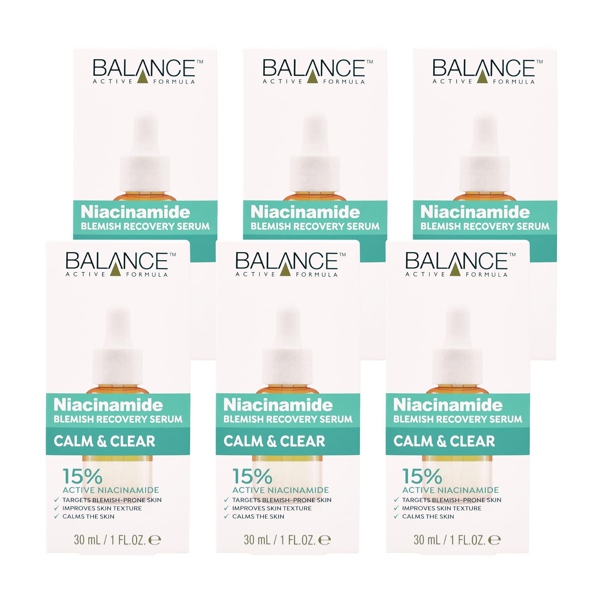 Balance Active Formula 6 x 30ml Multipack of Niacinamide Blemish Recovery Serum, Contains 15% Niacinamide, Targets Blemished Skin & Improves Skin Texture, Dermatologically Tested, Vegan & Cruelty Free