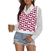 COCCKO Women's Heart Print Fashion Tank Top Casual V Neck Sleeveless Cute Valentines Sweater Vest Knit Crop Tops