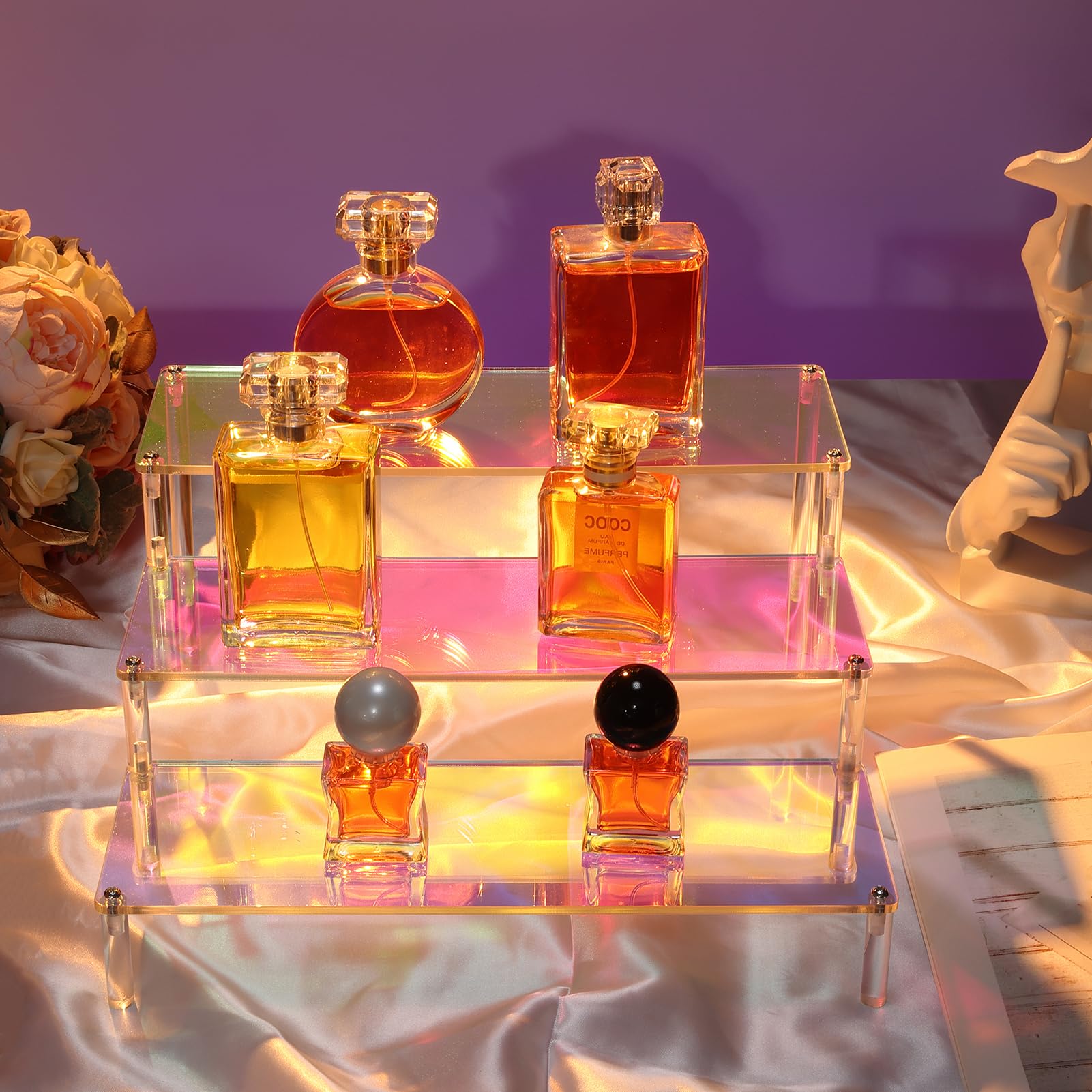 MESISEPHELE Acrylic Risers Display Stands, 2 Packs 3 Tier Rainbow Display Shelf for Cupcake Stand Perfume Organizer Anime Figures Collectibles Iridescent Display for Jewelry and Cosmetic