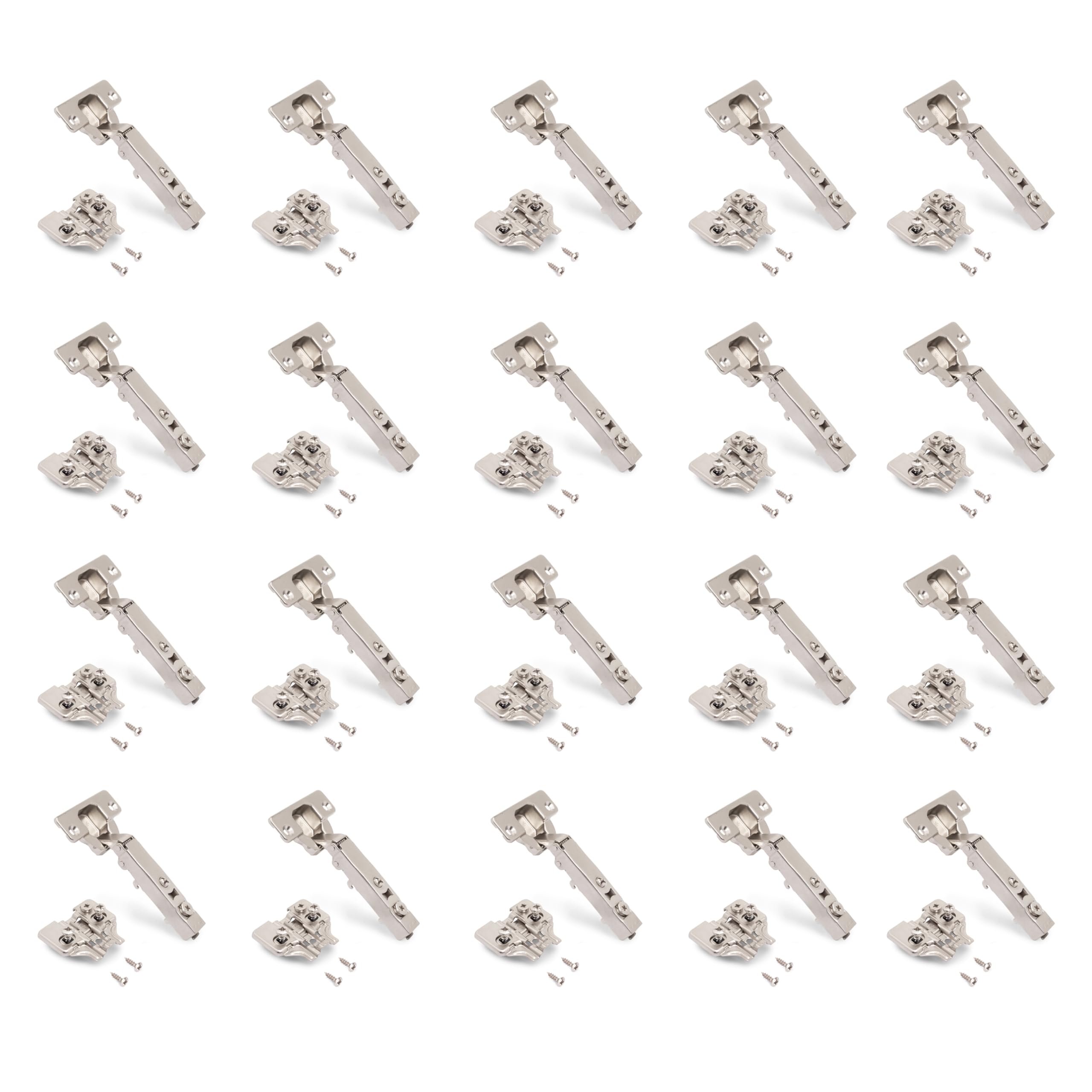 Emuca - Kit of 20 Full Overlay Hinge X92 with Soft Close, 105º Opening, Screw-on, Mixed mounting Plates, Satin Finished Nickel, Steel