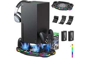 Wiilkac Vertical Cooling Fan Stand and Dual Controller Charging Station for Xbox Series X with RGB Color Lights/USB Ports, 3-Level Fan Cooling System with 2 x 1400 mAh Rechargeable Battery