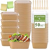 50-Pack 22oz Kraft Paper Bowls Disposable with Lids and Wooden Forks, Disposable Meal Prep Containers Paper Food Prep Containers with Lids, To Go Container for Hot Soup/Salad, Freezer & Microwave Safe