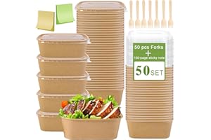 MINCOCO 50-Pack 22oz Kraft Paper Bowls Disposable with Lids and Wooden Forks, Disposable Meal Prep Containers Paper Food Prep Containers with Lids, To Go Container for Hot Soup/Salad, Freezer & Microwave Safe