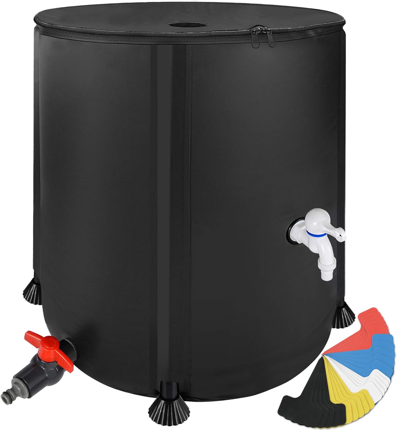 53 Gallon Portable Rain Barrel Water Tank - Collapsable Rainwater Collection System Storage Container - Water Collector Barrels Include Two Spigots and Overflow Kit - Comes with 25 Garden Labels