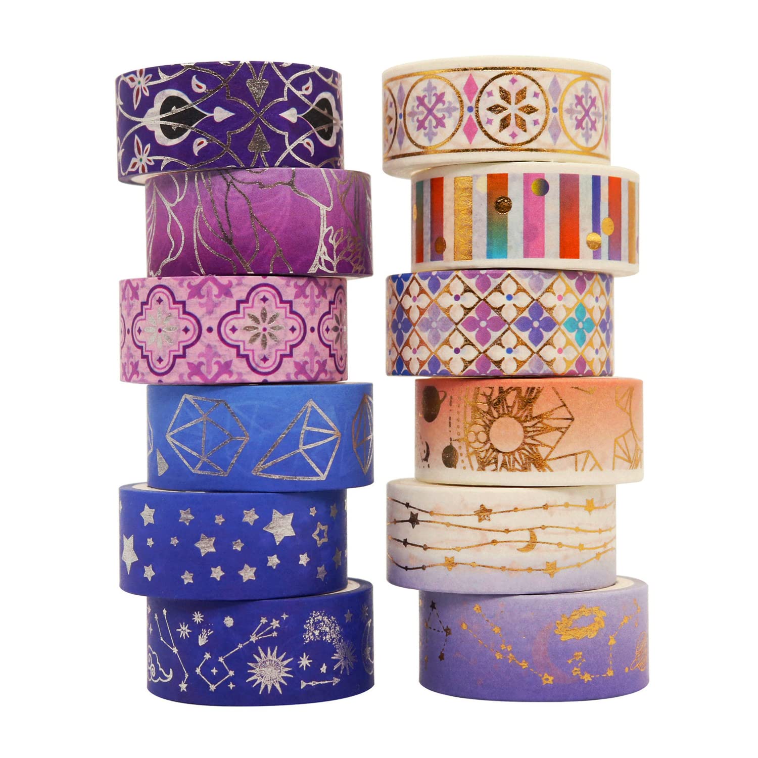 LGEGE 12 Rolls Washi Tape Set,3m x 15mm, Starry Night Element Gold Foil, Masking Tape Décor for Scrapbook, DIY Craft, Scrapbooking Supplies, Gift Wrapping, Journal, Planners