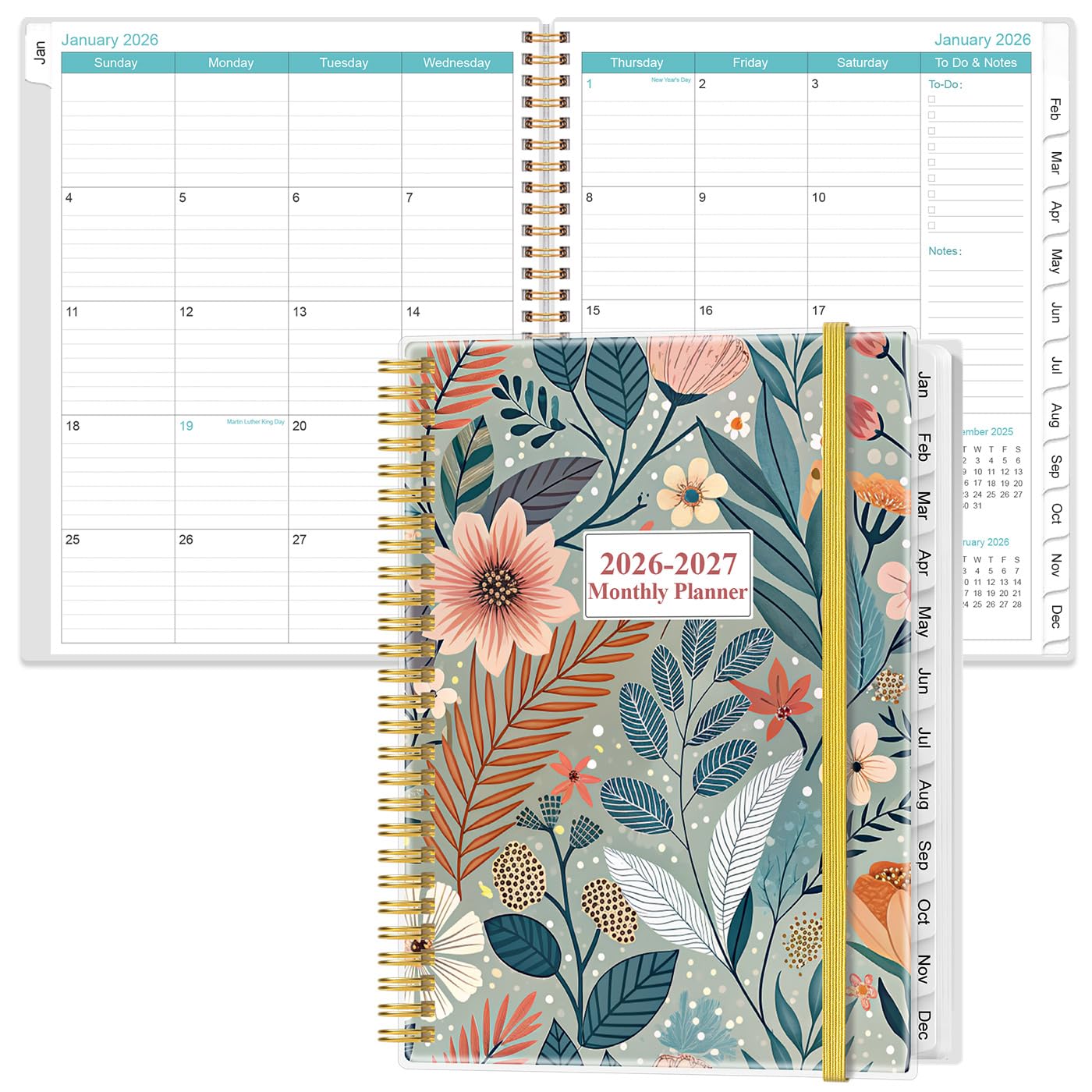 Photo 1 of 2026-2027 Monthly Planner - 18 Monthly Calendar, January 2026 - June 2027, Two Pages Per Month, 9" x11" Planner with Tabs, Strong Twin-Wire Binding, Inner Pocket, Flower-A