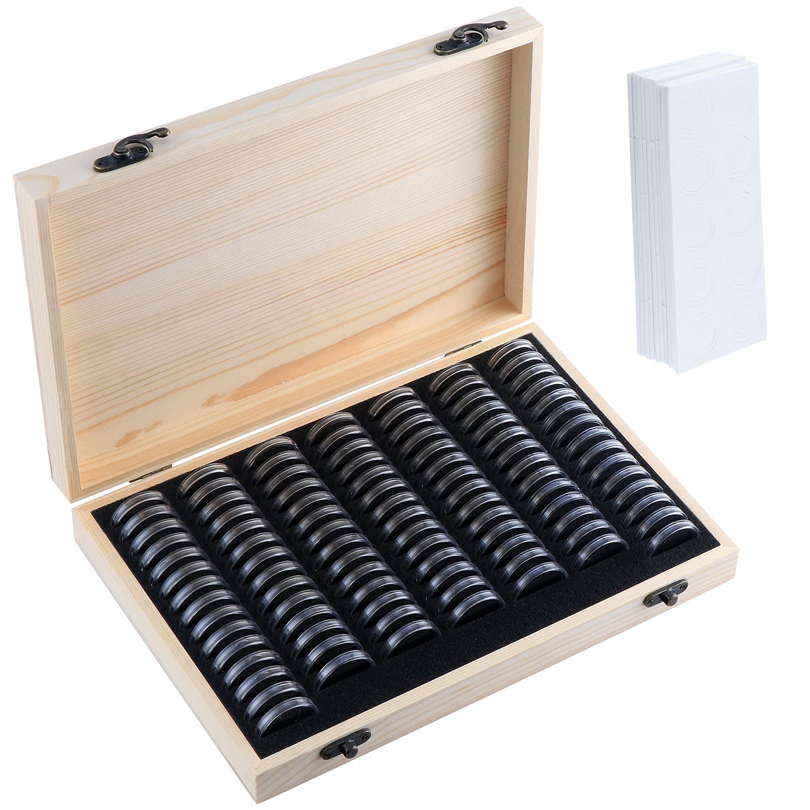 Kinsinder 100PCS Wooden Coin Collection Box Coin Holder Case with Round Coin Capsules for Coin Collectors 18mm/20m/23mm/25mm/27mm/30mm