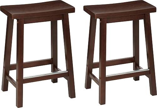 Amazon Basics Solid Wood Saddle-Seat Counter Height Bar Stools for Kitchen Island with Footrest, 24-Inch Height, Walnut, Set of 2