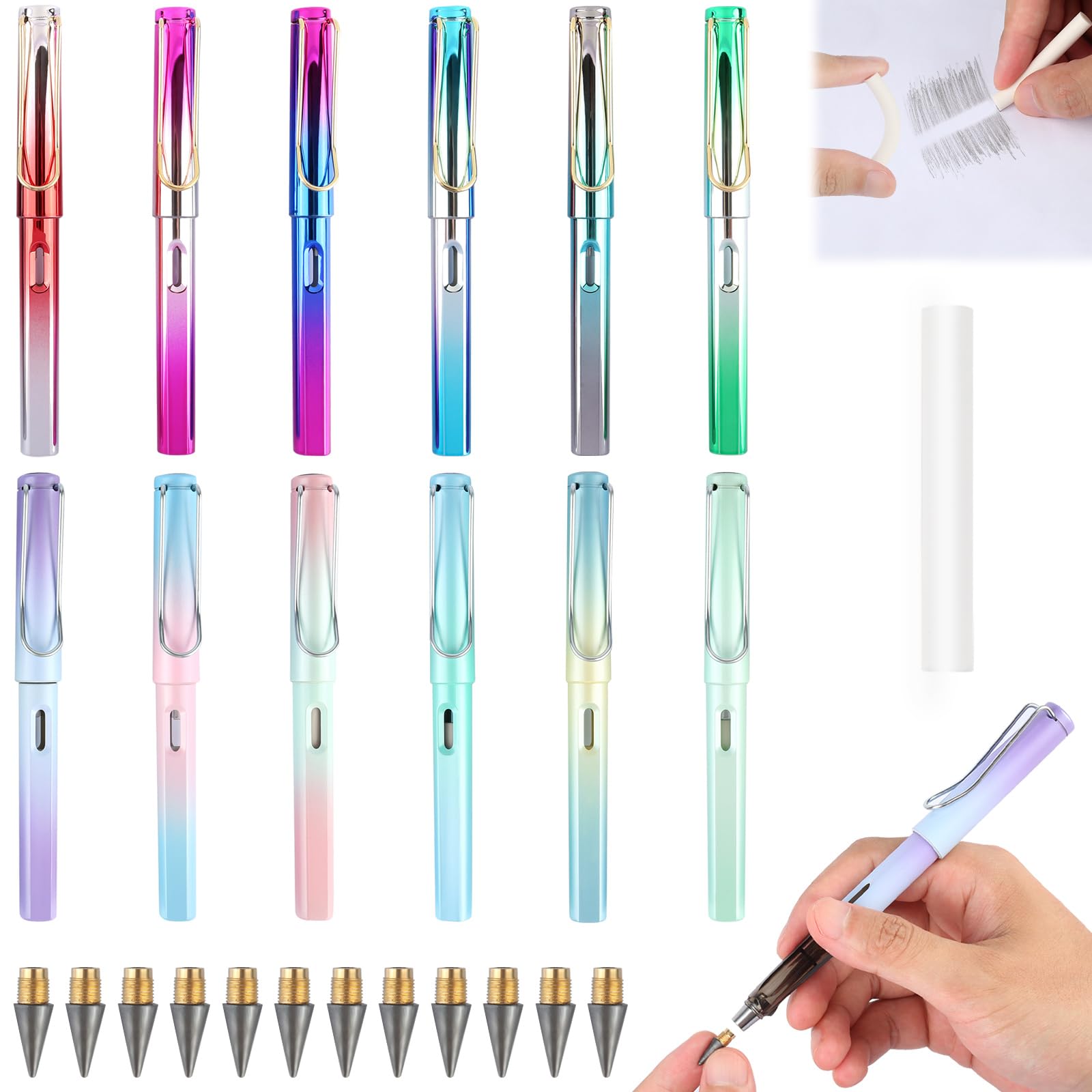 Kigift 12 Pcs Macaron Gradient Everlasting Pencil, Infinity Pencil with Eraser and Replacement Refills, Dazzling Gradient Inkless Pencils, Infinity Pencils for Office Work, Doing Homework