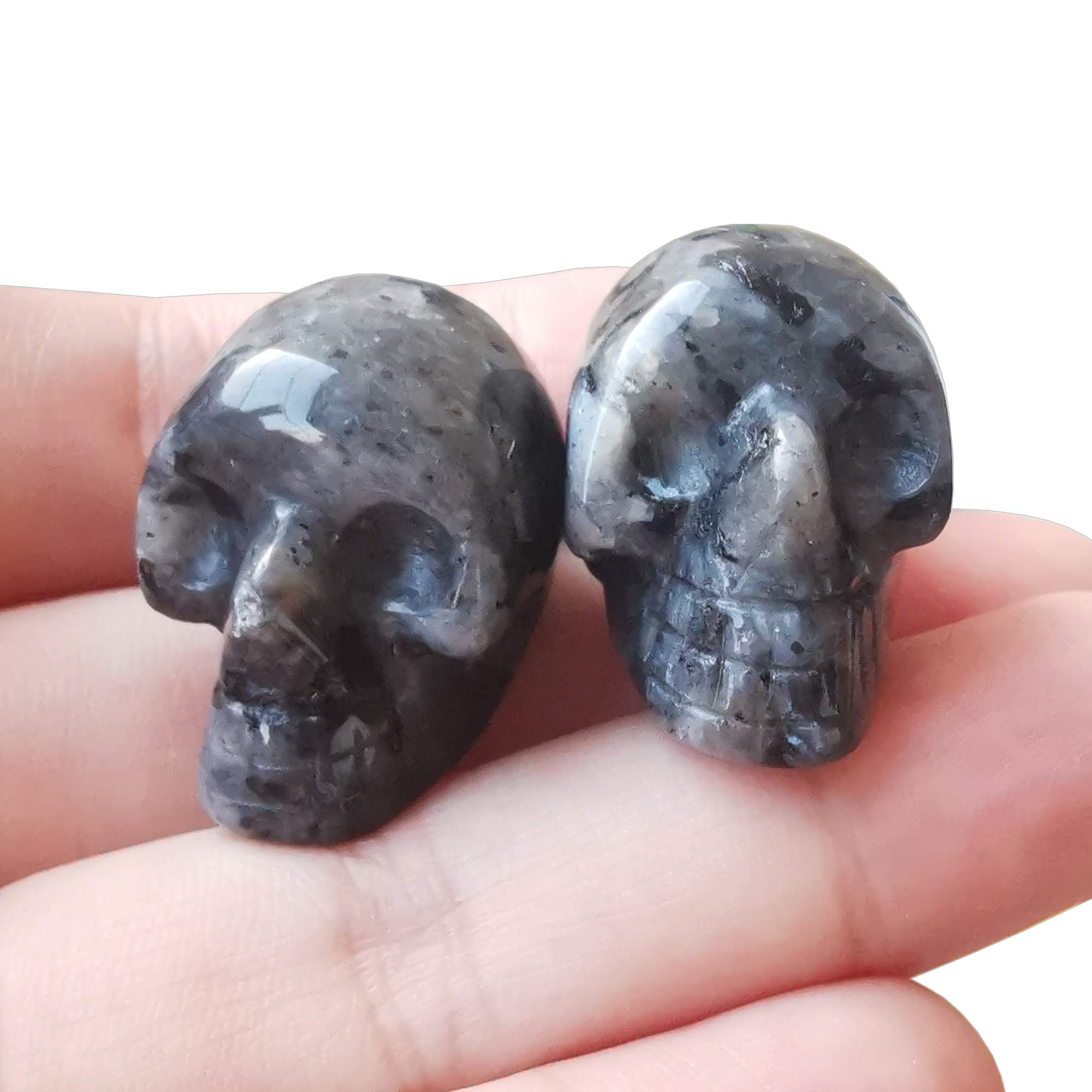 Manekieko 2 Pcs Natural Black Labradorite Mini Crystal Human Skull Figurines,25mm Handcarved Crystals and Healing Stone Room Decor Gemstone