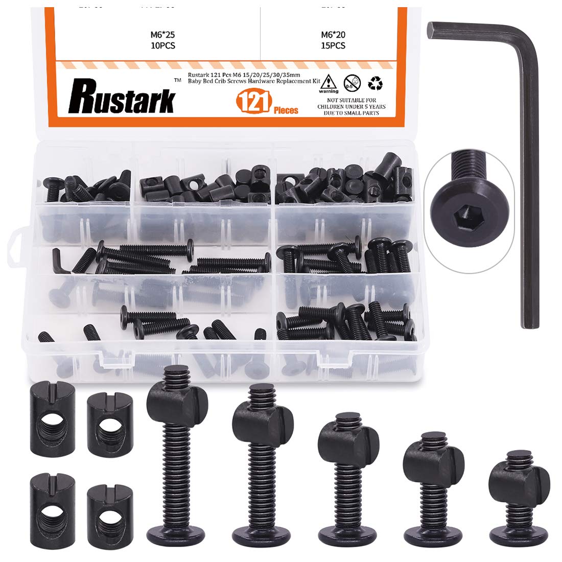 Rustark 121 Pcs Baby Bed Crib Screws Hardware Replacement Kit M6 15/20/25/30/35mm Hex Drive Socket Cap Screws Barrel Nuts Assortment Kit with One Free Hex Key for Beds Headboards Chairs Furniture