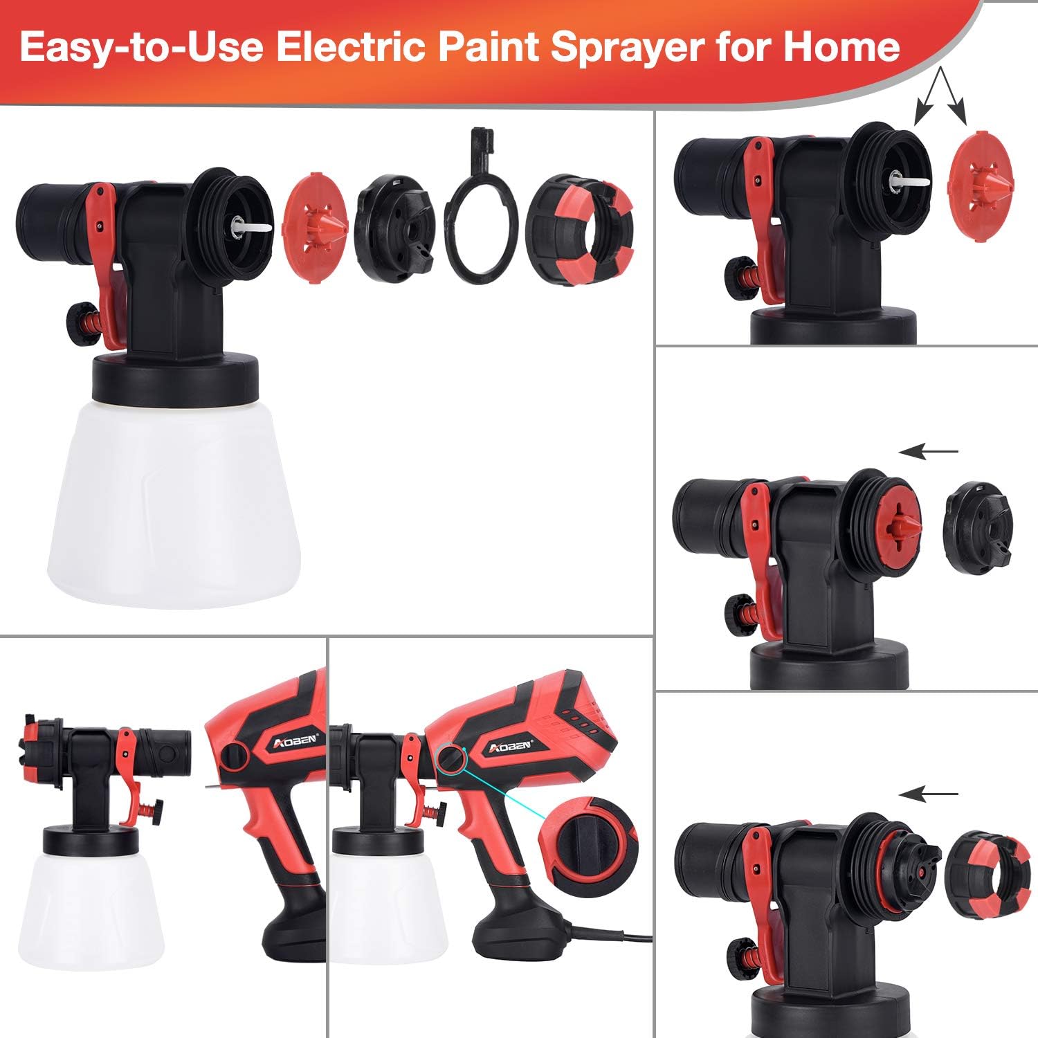 AOBEN Paint Sprayer, 750W Hvlp Spray Gun, Electric Paint Gun with 4 Nozzles, 1000ml Container for Home and Outdoors, Painting Projects. - - 